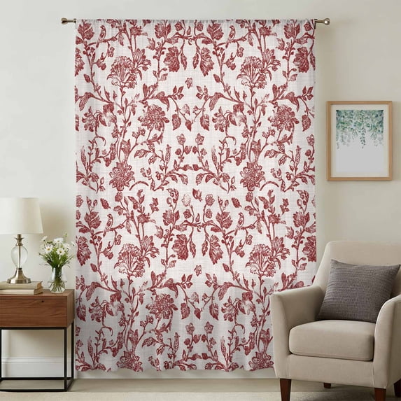 Farmhouse Red Sheer Curtains 63 Inches Long, Vintage Flower Leaf Botanical Plant Light Filering Curtains, Breathable Simi Curtain Privacy Drapes for Living Room Bedroom Lightweight Window Treatment