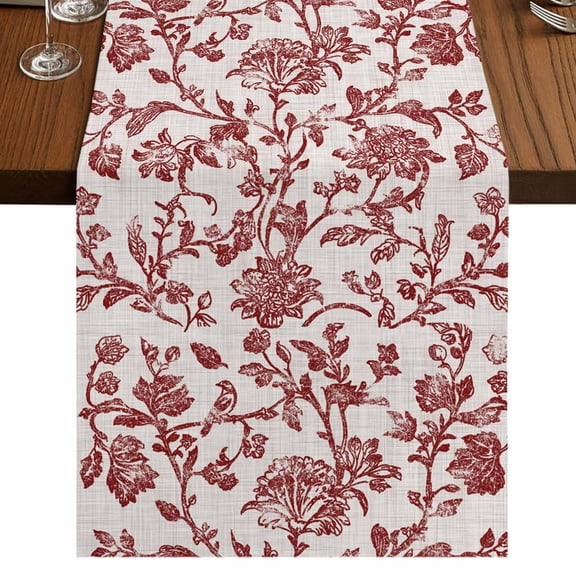 Farmhouse Red Short Table Runner 36 Inches Long,Vintage Flower Leaf Botanical Plant Cotton Linen Table Runners Dresser Scarves,Tabletop Scarf Furniture Cover for Home Dinner Party Decor 13"x36"