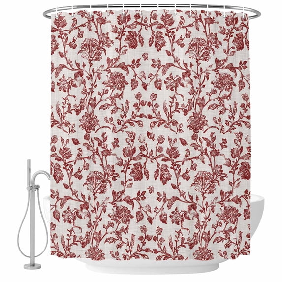 Farmhouse Red Shower Curtain Set - 48" x 72" Washable Bathtub Curtain with 12 Hooks, Vintage Flower Leaf Botanical Plant Waterproof Fabric Stall Shower Curtains for Bathroom/Bathtub Décor