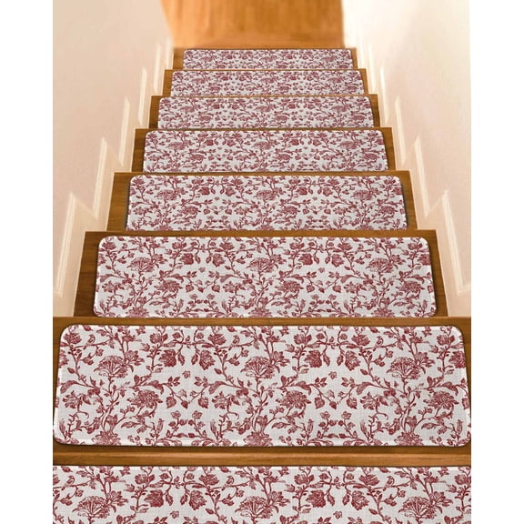 Farmhouse Red Stair Treads for Wooden Steps Indoor Runner Rug Carpet, Vintage Flower Leaf Botanical Plant 4 Pieces Peel and Stick Staircase Step Treads Covers Washable Throw Door Mats, 30"x8"