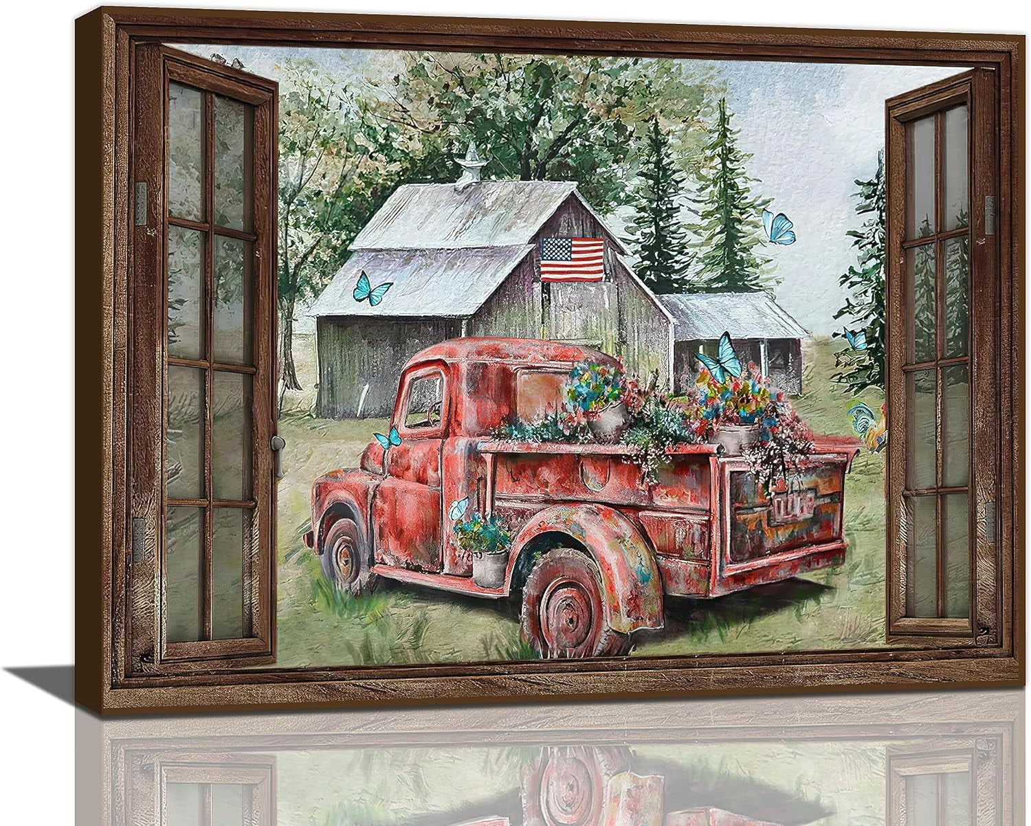 Farmhouse Red Truck Decor Wall Art Rustic Farm Country Barn American ...