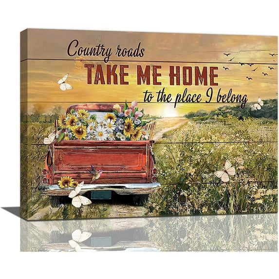 Farmhouse Red Truck Wall Art Country Old Truck Painting Canvas Prints Rustic Sunflower Daisy Flower Pictures Wall Decor Home Artwork Framed Decor for Kitchen Bathroom Bedroom Living Room 16"x12"