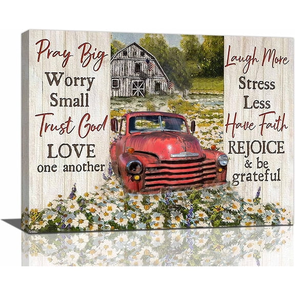 Farmhouse Red Truck Wall Art Country Old Truck Pictures Wall Decor Rustic White Barn Painting Inspirational Quotes Canvas Christian Prints Modern Framed Home Decor for Bathroom Bedroom 16"x12"