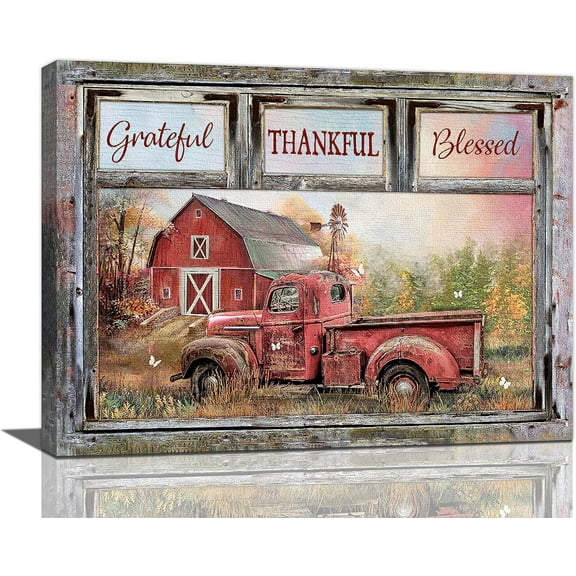 Farmhouse Red Truck Wall Art Rustic Old Barn Wall Decor Country Window Style Vintage Grateful Thankful Blessed Pictures Canvas Prints Framed Artwork for Living Room Bedroom Bathroom Kitchen 16"x12"