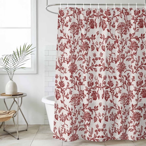 Farmhouse Red Waterproof Shower Curtain, 72"x72" Washable Polyester Fabric Shower Curtains for Bathroom, Vintage Flower Leaf Botanical Plant Decorative Bathtub Curtain Sets with Hooks