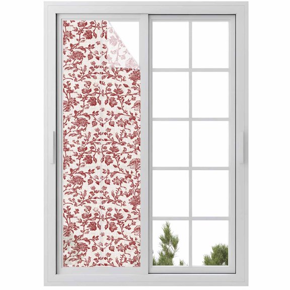 Farmhouse Red Window Privacy Film, Vintage Flower Leaf Botanical Plant Static Cling UV Sun Blocking Heat Control Window Tint Day and Night, Non-Adhesive One Way Windows Privacy Cover 17.7''x78.7''
