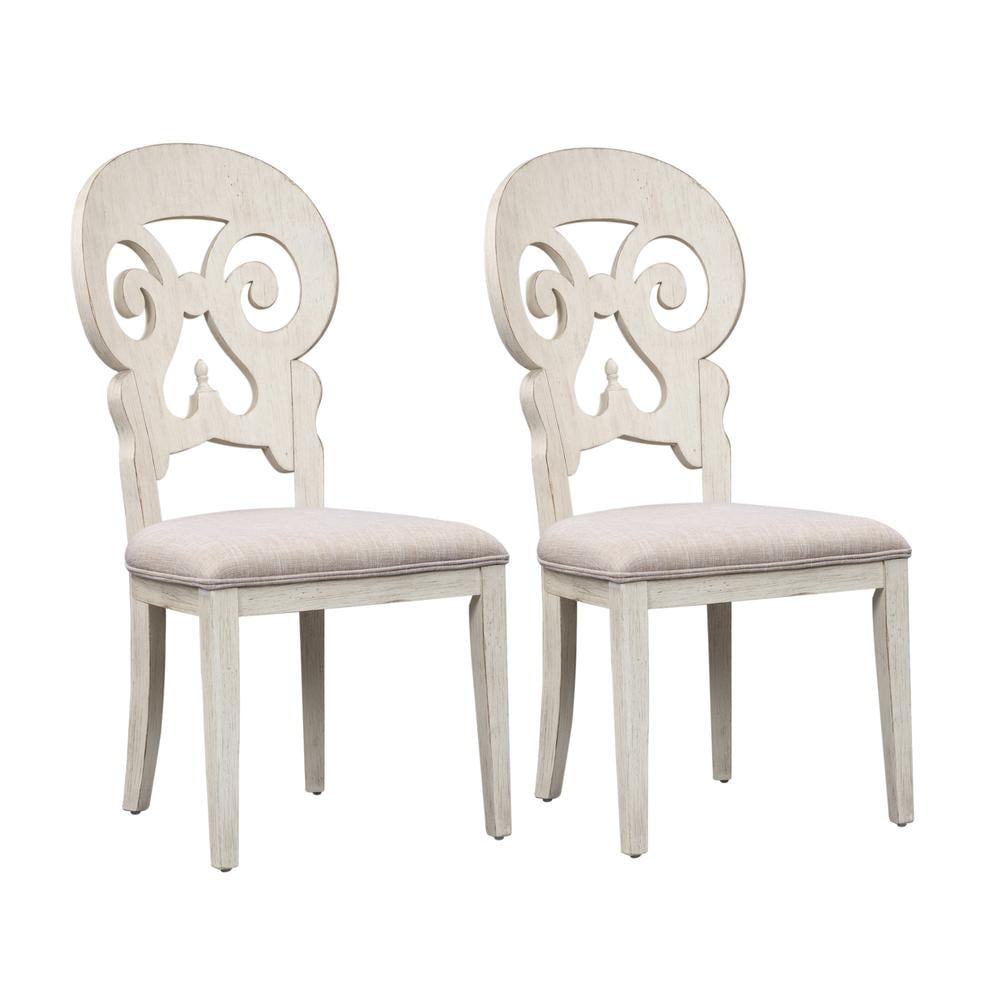 Antique White Linen Upholstered Splat Back Side Chair Set