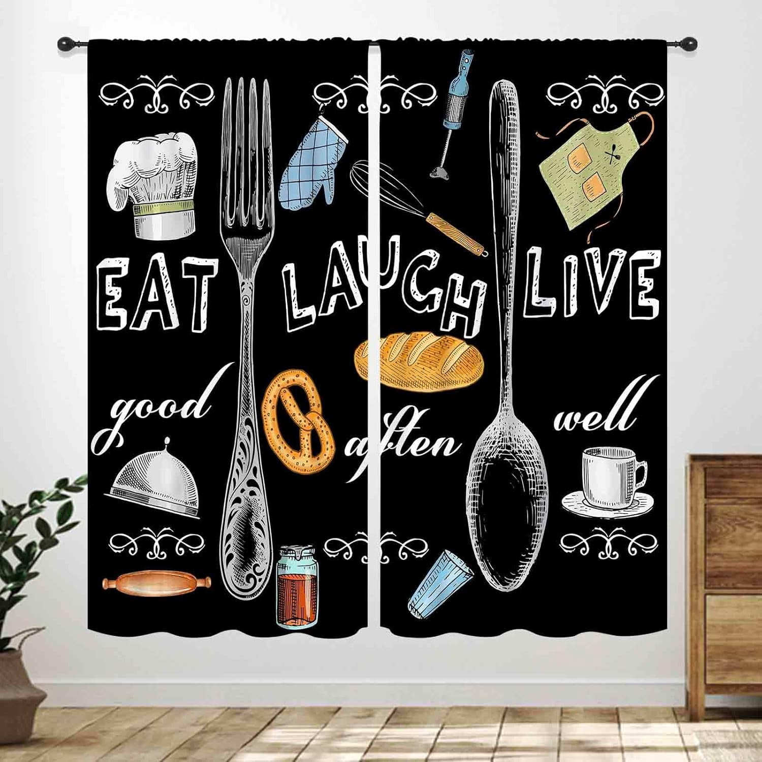 Farmhouse Retro Kitchen Curtains,Vintage Fork Spoon Cook Theme Cafe ...