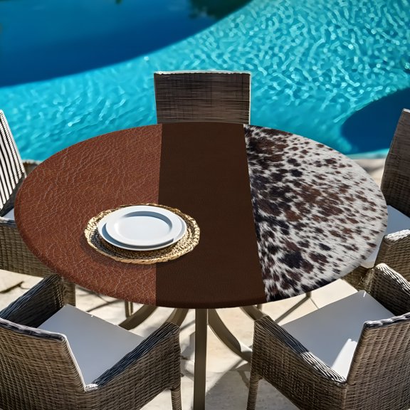 Farmhouse Retro Leather Texture Round Fitted Tablecloth with Elastic Edge,Waterproof Table Cloth Fits Tables Up to 45"-54",Wipeable Table Cover for Indoor Outdoor Dinning Party,Abstract Fur Texture