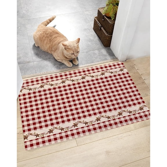 Farmhouse Retro Red Plaid Star Berry Bathroom Shag Mat Non-Slip Absorbent Shaggy Bath Rug Mats, Bedroom Soft Plush Floor Carpet Rugs for Indoor Entrance Way American Country Farm Check