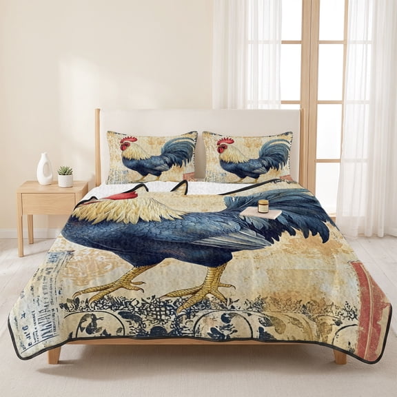 Farmhouse Retro Rooster 3 Pieces Quilt Set,1 Quilt with 2 Shams,Watercolor Country Chicken Bedspread Soft Lightweight Bedding Coverlet Comforter Set for All Season 96"x106"