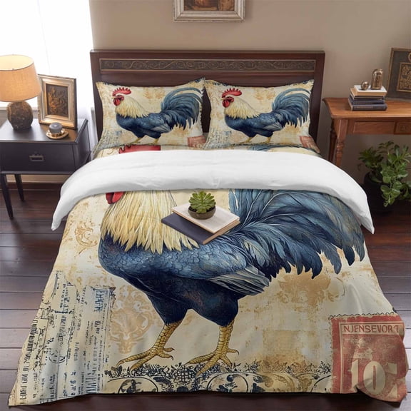 Farmhouse Retro Rooster Queen Size Bed Set,Watercolor Country Chicken Bedding for All Seasons,4 Pcs Bed Set,1 Quiltcover (90"x90"),1 Sheet (90"x102"),2 Pillowcases (20"x30")