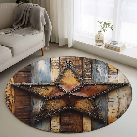 Farmhouse Retro Round Rug 3ft Washable Circle Entryway Rugs Non Slip Brown Country Texas Star Wooden Grain Area Rug Indoor Floor Carpet for Bedroom Kitchen Living Room Home Office Dining Room Nursery