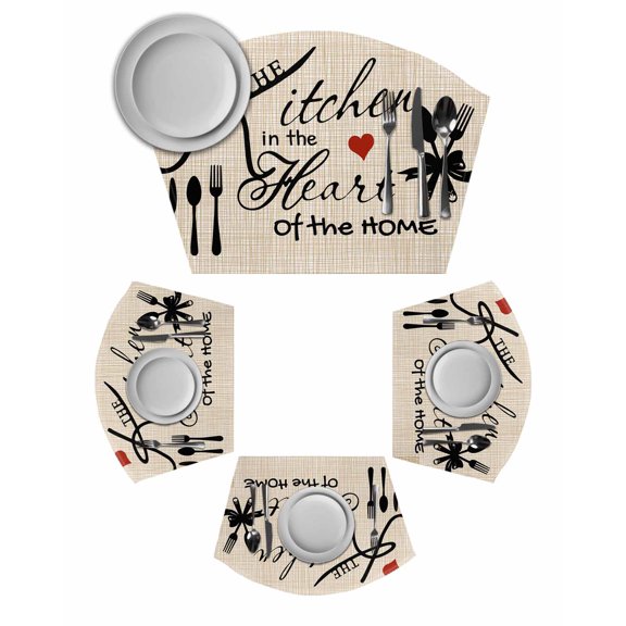 Farmhouse Retro Round Table Placemats Set of 4 Wedge Placemats, Cartoon Funny Cook Theme Love Plaid Place Mats for Dining Table Set Washable Mats Kitchen Decor for Indoor Outdoor Wipe Clean