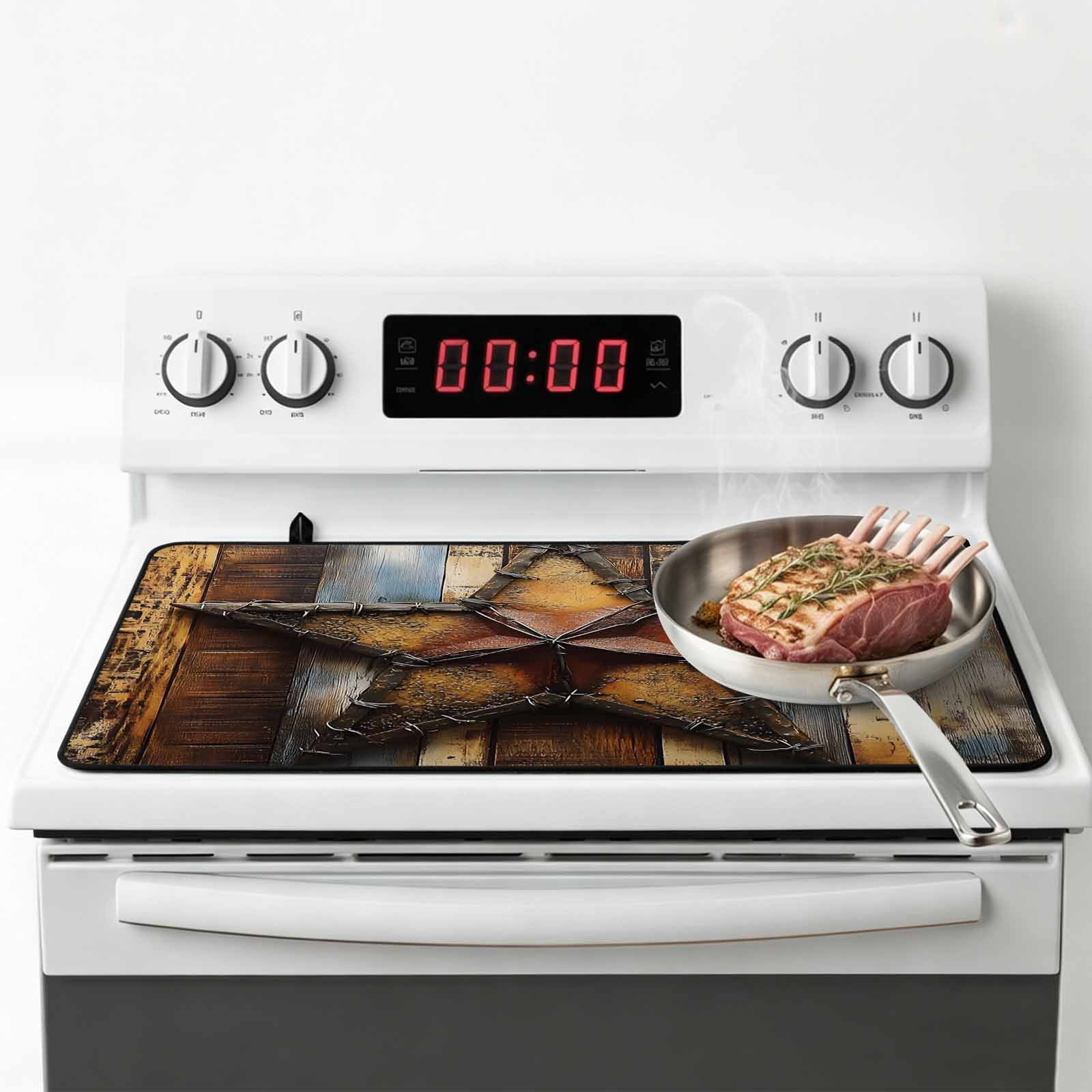 Farmhouse Retro Stove Top Cover for Electric Stove, Heat-proof & Non Slip Glass Top Stove Cover Protector, Brown Country Texas Star Wooden Grain Kitchen Flat Cooktop Rubber Mat 24x21 Inches