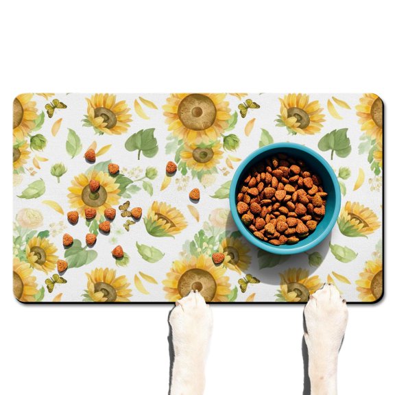 Farmhouse Retro Sunflower Dog Feeding Mat - Waterproof Absorbent Pet Food Spill Mat with Floral Sunflower and Bee Illustration