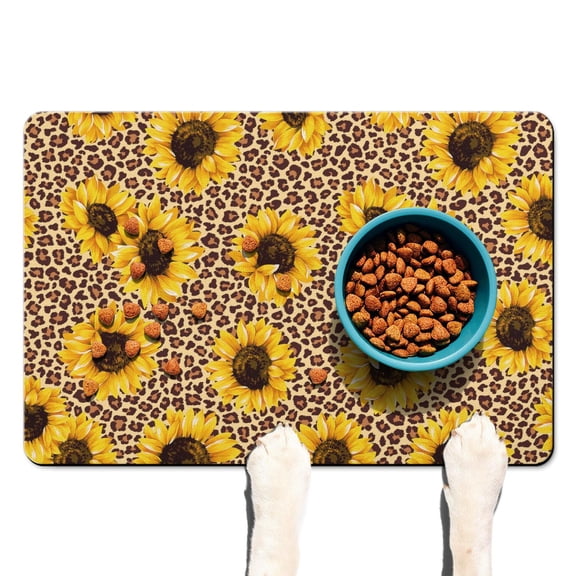 Farmhouse Retro Sunflower Dog Feeding Mat - Waterproof Pet Food Spill Mat with Floral Sunflower and Bee Illustration