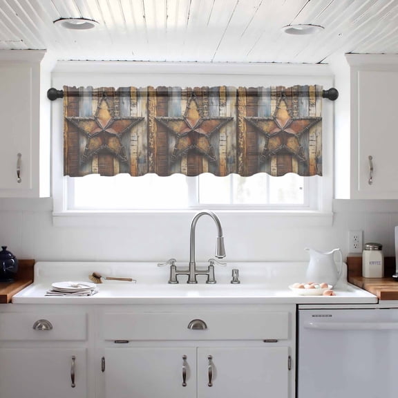 Farmhouse Retro Valance Curtains for Kitchen/Living Room/Bathroom/Bedroom Window, Brown Country Texas Star Wooden Grain Rod Pocket Small Topper Half Short Window Curtains Voile Sheer Scarf 60"x18"