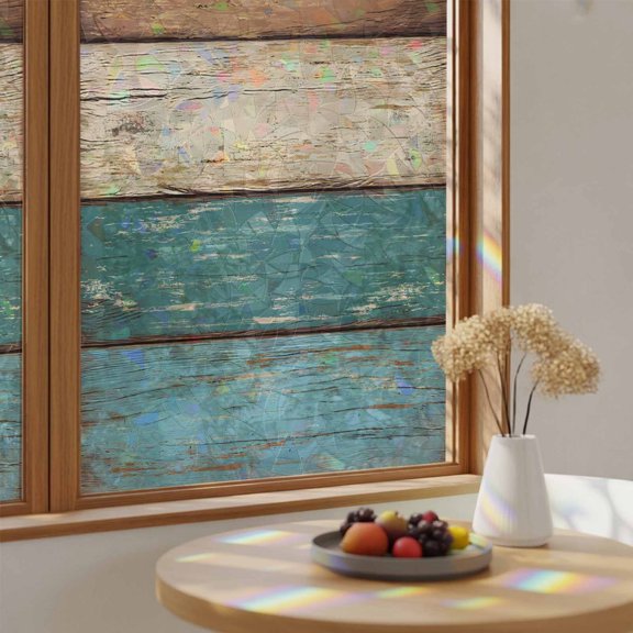 Farmhouse Retro Wood Board Window Privacy Film,Heat Control Sun Blocking Static Cling Rainbow Film,Shabby Wooden Grain Non-Adhesive Glass Sticker Door Window Tint,17.7" x 39.3"