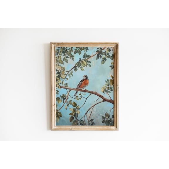 Farmhouse Robin Print, Vintage Bird Tree Wall Art, Rustic Decor, Cottagecore Summer Artwork, Spring Easter Bird #1987, Unframed Canvas Size 16x24