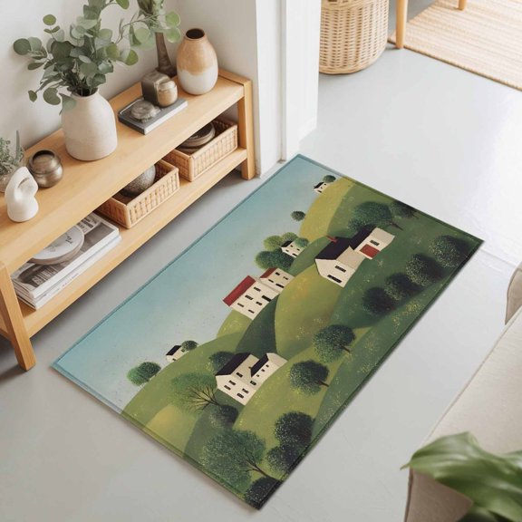 Farmhouse Rolling Green Hills Rectangle Area Rug 2x3ft,Living Room Rug Non-Slip Washable Circle Rugs Pad,Rural Village Houses Soft Floor Carpet for Bedroom Dining Room