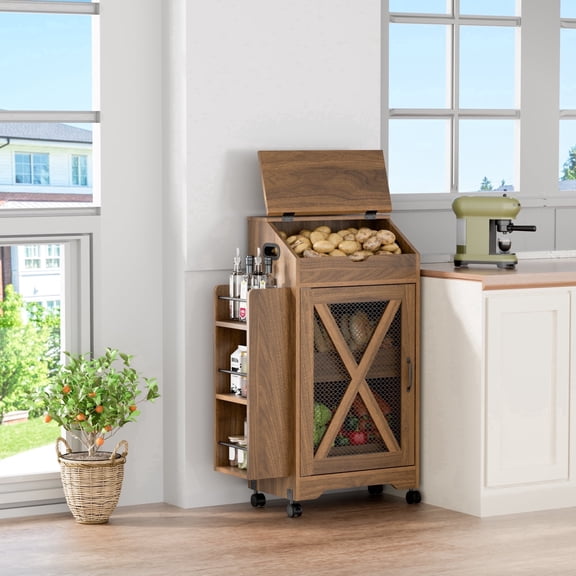 WARAYZ Farmhouse Kitchen Storage Cart, Rolling, Ventilated Mesh Door, Spice Rack Shelf, Large Capacity Food Bin