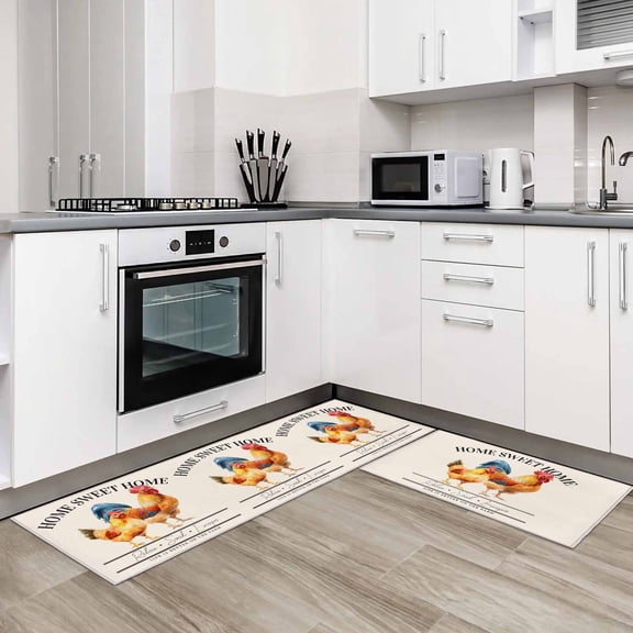Farmhouse Rooster 2 Pieces Non-Slip Kitchen Mat Set Watercolor Cute Animals Retro Art Soft Door Mat with Rubber Backing,Dirtproof Rugs for Entrance Doorway 23.6x35.4in+23.6x70.9in