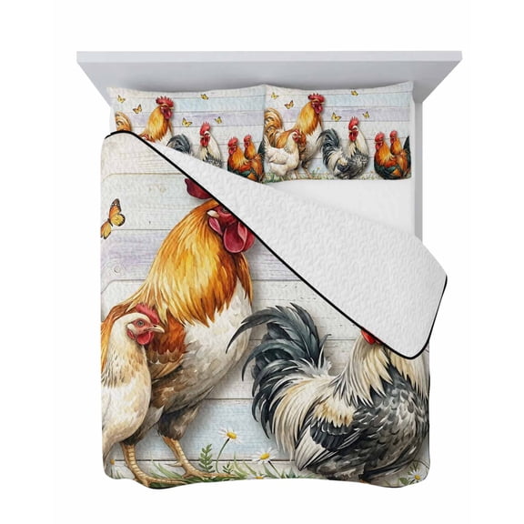 Farmhouse Rooster 3 Piece Quilt Set Queen Size, Animals Yellow Gray Hen Butterfly Rustic Country Soft Bedspread Coverlet Bedding Set Microfiber Comforter Set with 2 Pillowcases for Bedroom
