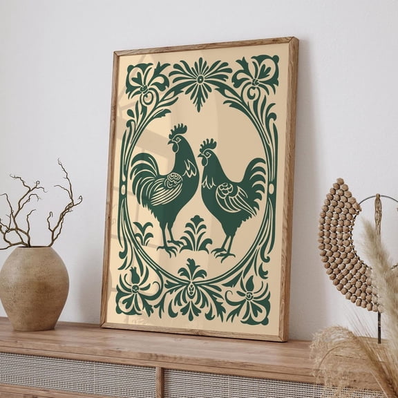 Farmhouse Rooster And Hen Poster Rustic Kitchen Folk Art, Unframed Paper Poster 8x10in
