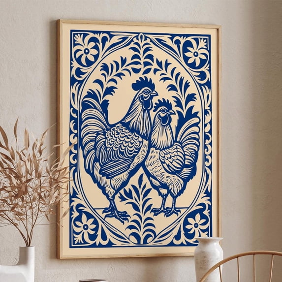 Farmhouse Rooster And Hen Rustic Kitchen Folk Art Design 2, Stretched Canvas 16x20in