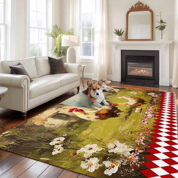 Farmhouse Rooster Area Rug 5x7 FT, Non Slip Bedroom Throw Carpet, Vintage Rustic Plants Oil Painting Washable Soft Floor Carpet Non-Shedding Rug for Dining Room Bedside Classroom Desk