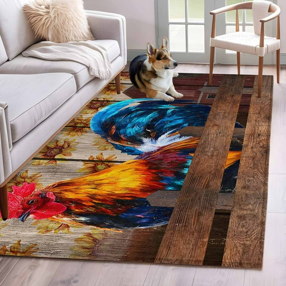 Farmhouse Rooster Area Rugs 3'x5', Washable Small Throw Rugs for Living Room Bedroom, Vintage Farm Chicken Sunflower Wooden Indoor Outdoor Rug Non-Slip Low Pile Carpet Runner Reversible Floor Mats