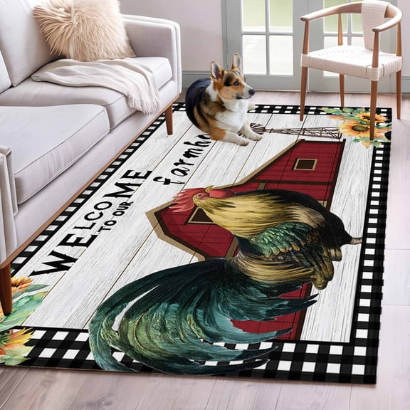 Farmhouse Rooster Area Rugs 4'x6', Washable Small Throw Rugs for Office Bathroom, Rustic Red Barn Windmill Sunflowers Indoor Outdoor Rug Non-Slip Low Pile Carpet Runner Reversible Floor Mats
