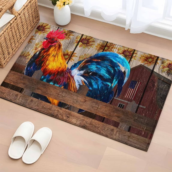Farmhouse Rooster Bathroom Rug Washable 2x3 Entryway Rug Non Slip Vintage Farm Chicken Sunflower Wooden Front Door Mat Low Pile Indoor Doormat Throw Floor Carpet for Kitchen Bedroom Entrance