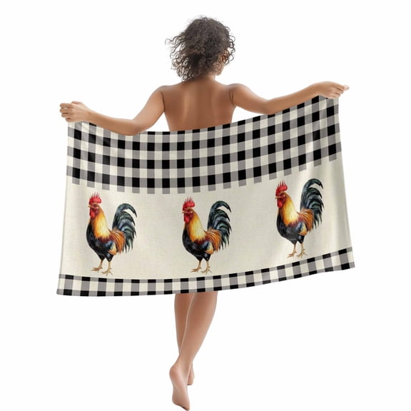 Farmhouse Rooster Beach Towels Blanket Soft&Absorbent Quick Dry Microfiber Vintage Black White Check Plaid Pool Towels for Swimming ,Yoga, Sports, Gym, Camping,Large 30X60in,