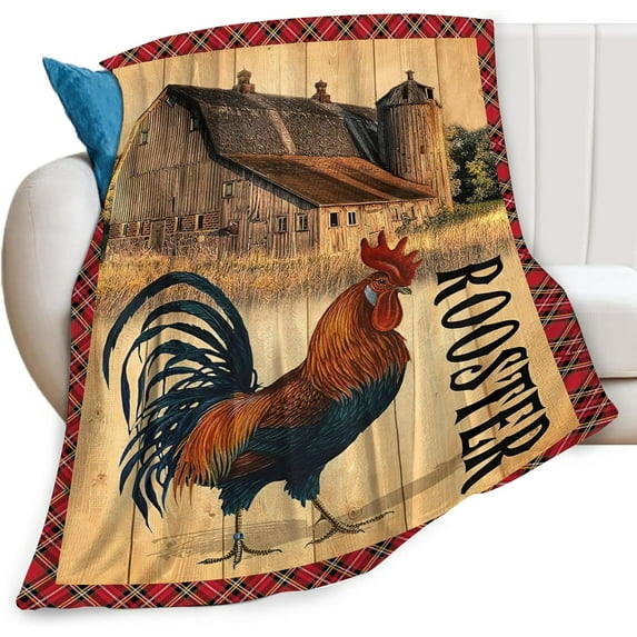 Farmhouse Rooster Blanket Chicken Farm Country Barn Print Throw Blankets for Couch Sofa Bed Stuff Decor Soft Cozy Fleece Plush Warm Flannel Bedding Gifts for Baby Girls Boys Kids Adults 50"x60"