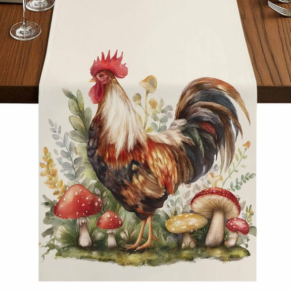 Farmhouse Rooster Burlap Cotton Table Runner 13x36 Inches Short, Rustic Farm Mushroom Eucalyptus Leaves Farmhouse Table Runners, Outdoor Dining Tablecloths Decor for Baby Shower/Party/Wedding