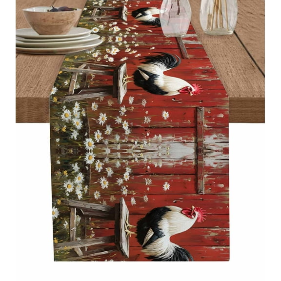 Farmhouse Rooster Burlap Cotton Table Runner 13x70 Inches Long, Rustic Daisies Red Wooden Farmhouse Table Runners, Outdoor Dining Tablecloths Decor for Baby Shower/Party/Wedding