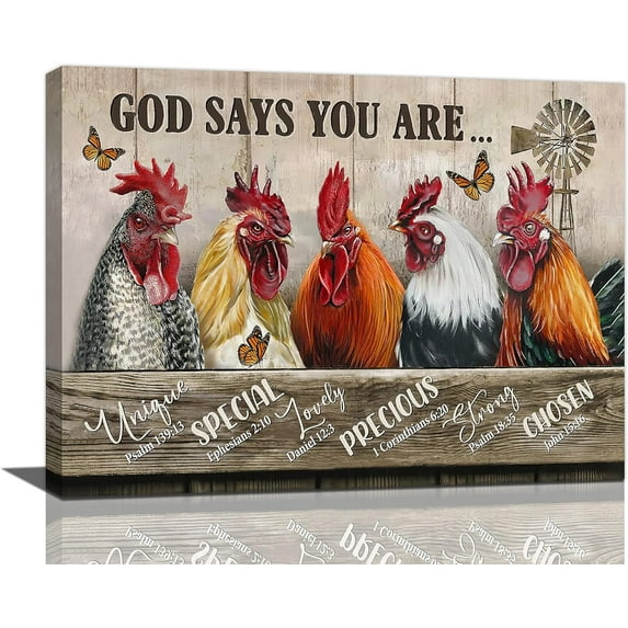 Farmhouse Rooster Canvas Wall Art Chicken Wall Decor God Says You Are Pictures Painting Print Framed Rustic Artwork for Bathroom Kitchen Living Room 12"x16"