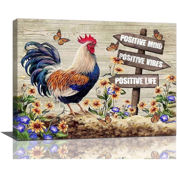 Farmhouse Rooster Canvas Wall Art Country Farm Chicken Butterfly Floral Pictures Wall Decor Positive Quotes Painting Prints Framed Artwork Decor for Kitchen Bathroom Bedroom 16"x12"