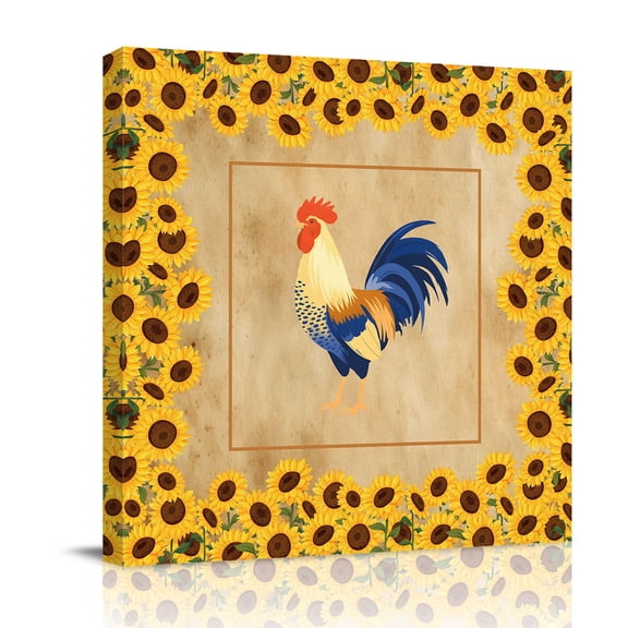 Farmhouse Rooster Canvas Wall Art for Living Room, Vintage Yellow Sunflowers Border Rustic Country Poster Print Painting for Bedroom Office Home Decoration Wall Pictures Prepare To Hang 8"x8"