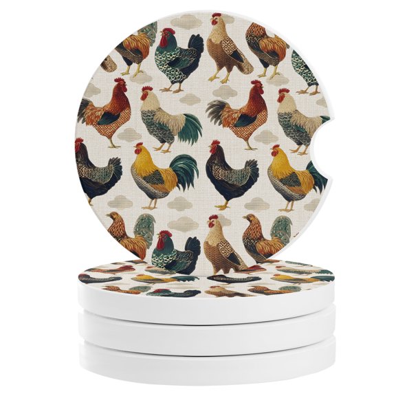 Farmhouse Rooster Car Coasters for Cup Holders Set of 4 Absorbent, 2.56" Ceramic Stone Drinks Cupholder Coasters with Finger Notch Country Chicken Rustic Auto Interior Accessories for Women