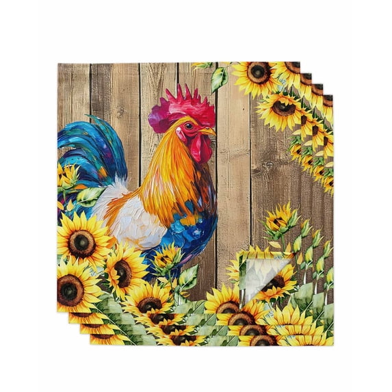 Farmhouse Rooster Cloth Napkins Set of 4 Reusable Dinner Napkins, Retro Botanical Sunflower Floral Wood Cocktail Napkin Washable Table Napkins for Wedding/Holiday Party/Baby Shower 20"x20"