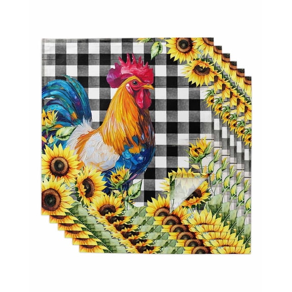 Farmhouse Rooster Cloth Napkins Set of 6 Reusable Dinner Napkins, Black Plaid Botanical Sunflower Floral Cocktail Napkin Washable Table Napkins for Wedding/Holiday Party/Baby Shower 20"x20"