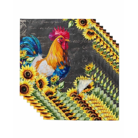 Farmhouse Rooster Cloth Napkins Set of 8 Reusable Dinner Napkins, Black Retro Botanical Sunflower Floral Cocktail Napkin Washable Table Napkins for Wedding/Holiday Party/Baby Shower 20"x20"