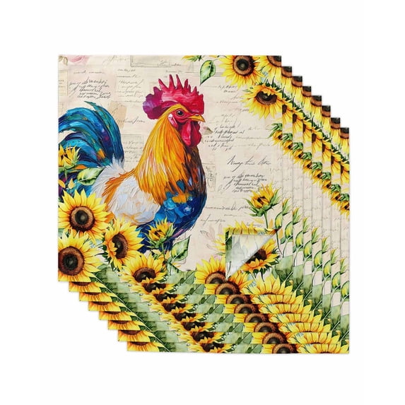 Farmhouse Rooster Cloth Napkins Set of 8 Reusable Dinner Napkins, Vintage Botanical Sunflower Floral Cocktail Napkin Washable Table Napkins for Wedding/Holiday Party/Baby Shower 20"x20"