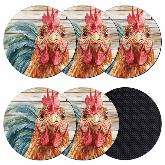 Farmhouse Rooster Coasters for Drinks,Absorbent Non Slip Rubber Drink Coasters Set of 6 for Cup,Table,Bar,Home Decor, Rustic Wood Texture Red Brown