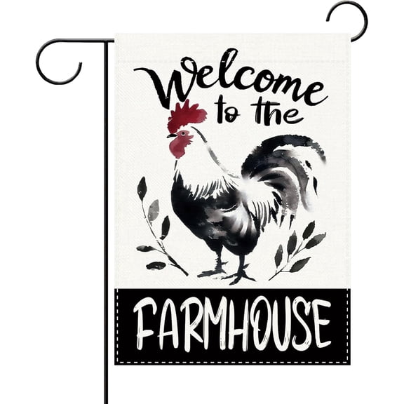 Farmhouse Rooster Decorative Garden Flag, Watercolor Farm Chicken, Rustic Country Burlap Outdoor Double Sided Yard Decor, 12 x 18
