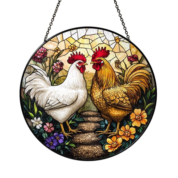Farmhouse Rooster Design Stained Glass Style Decorative Window Panel, Rustic Country Hanging Art