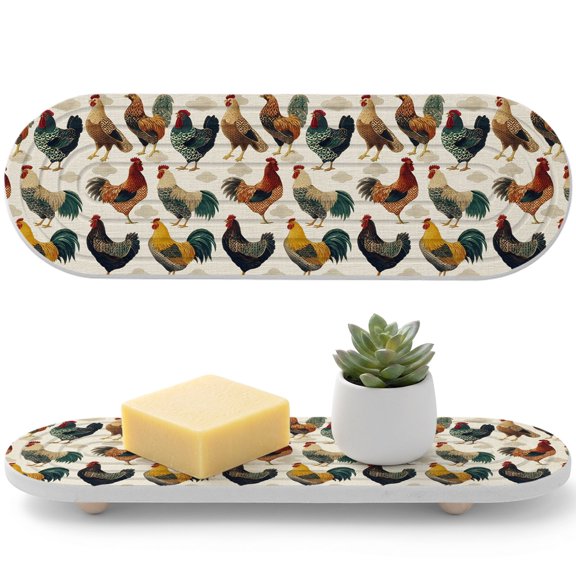 Farmhouse Rooster Diatomaceous Earth Coasters, Country Vintage Farm Pastoral Colorful Chicken Water Absorbent Diatomite Coaster, Bathroom Tray Stone Dish Drying Mat Kitchen Sink Tray 12x4in